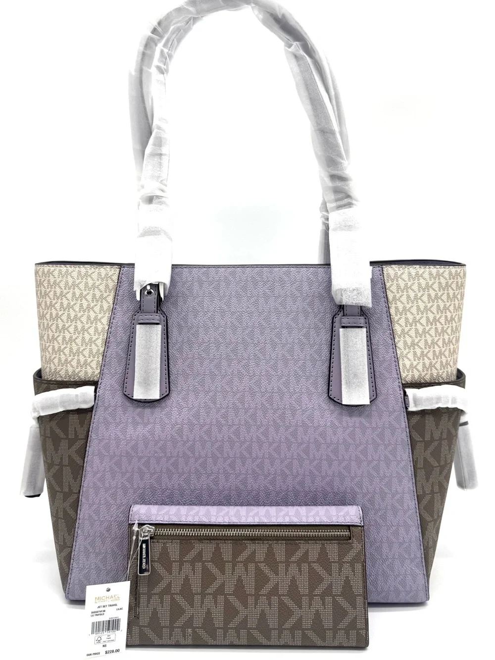 Michael Kors Voyager Large Color-Block Tote Bag w Matching Trifold Wallet Lilac